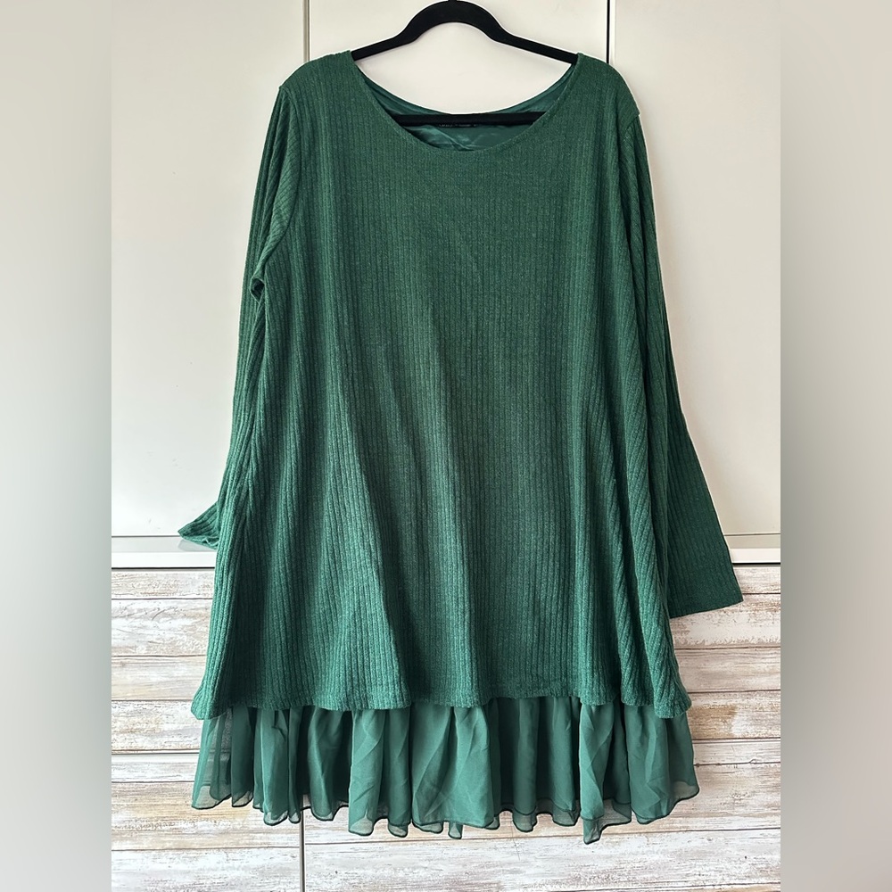 Zanzea Collection Green Ribbed Tunic Dress Ruffle Hem Boho Size US 24 💚✨